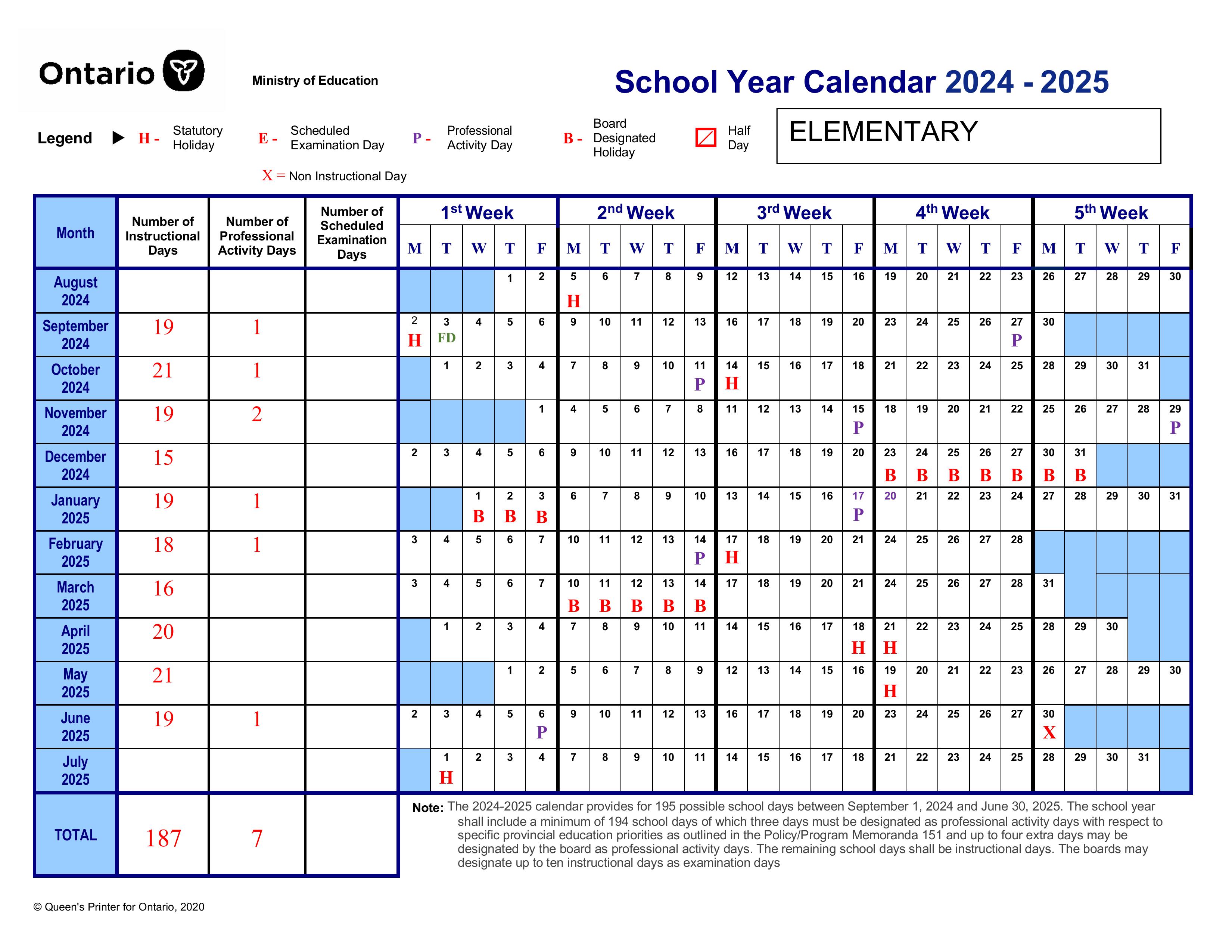 Elementary 2024-25 School Year Calendar